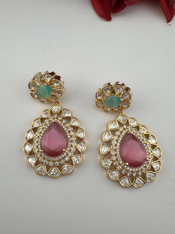 Pink and Green Kundan, CZ, Chandbali Earrings, High shine, Bridal, Moissanite, Tyaani inspired Designer jewelry