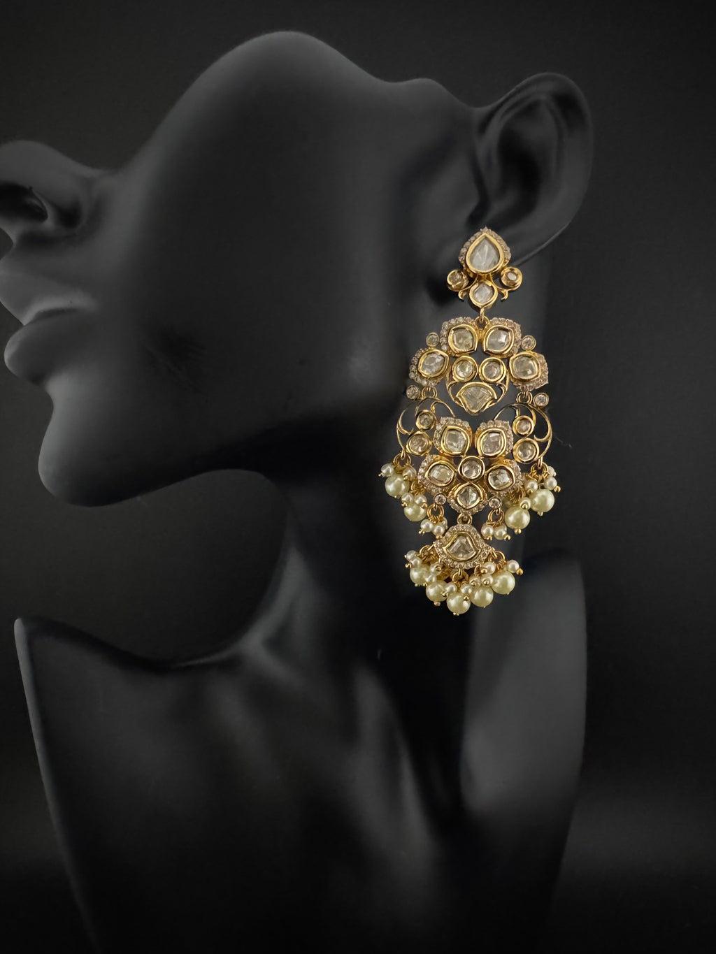 White and Gold Kundan, Pearls Chandelier Earrings, High shine Bridal, Moissanite, CZ, Designer jewelry