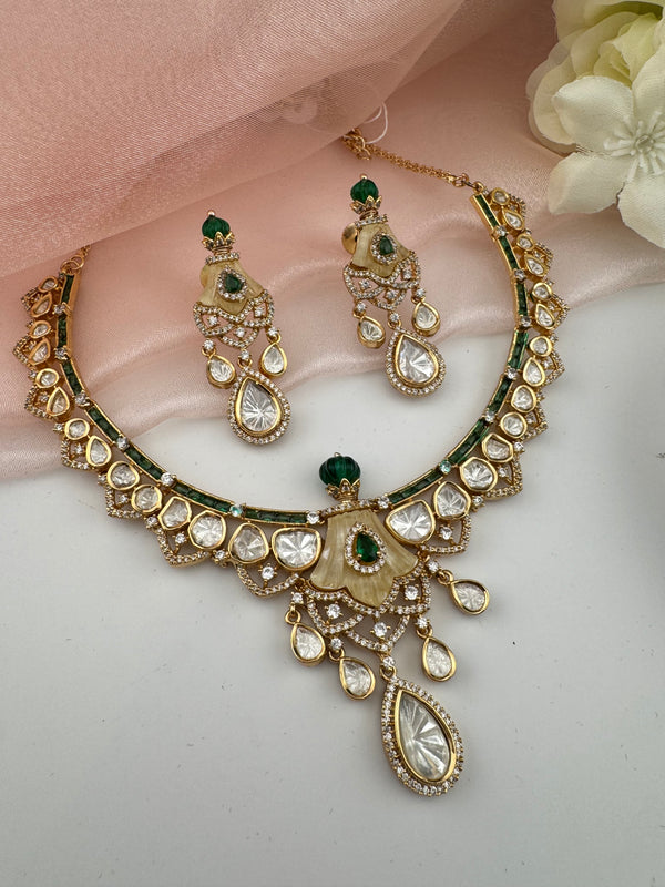 Kundan, Moissanite, MOP, CZ Flexible Gold necklace set, Indian Bridal Jewelry