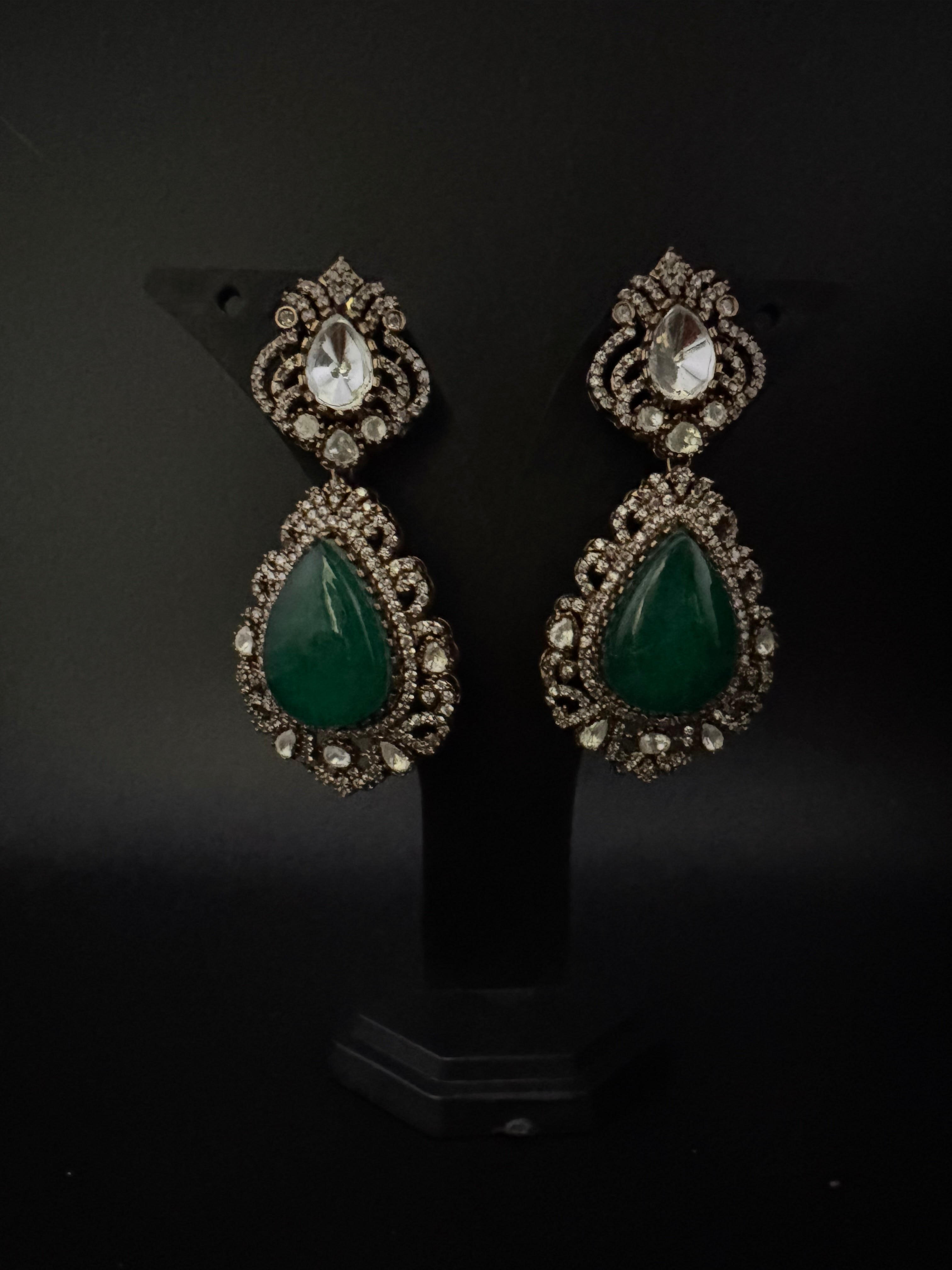 Green and Gold Kundan, Doublet Stone Chandelier Long Earrings, Bridal, Moissanite, CZ, Designer jewelry