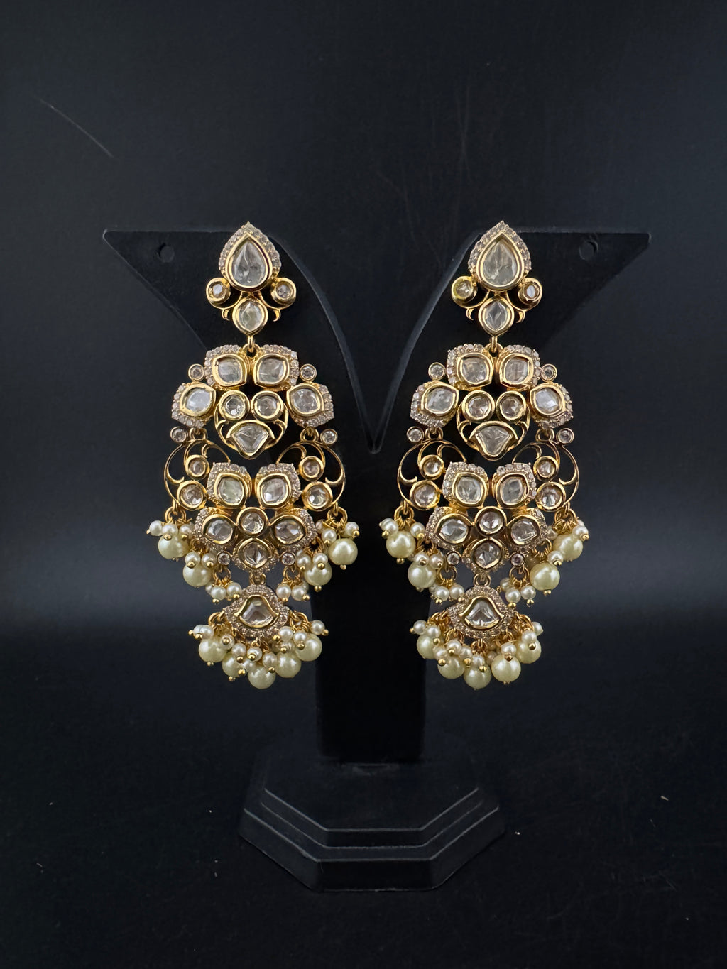 White and Gold Kundan, Pearls Chandelier Earrings, High shine Bridal, Moissanite, CZ, Designer jewelry