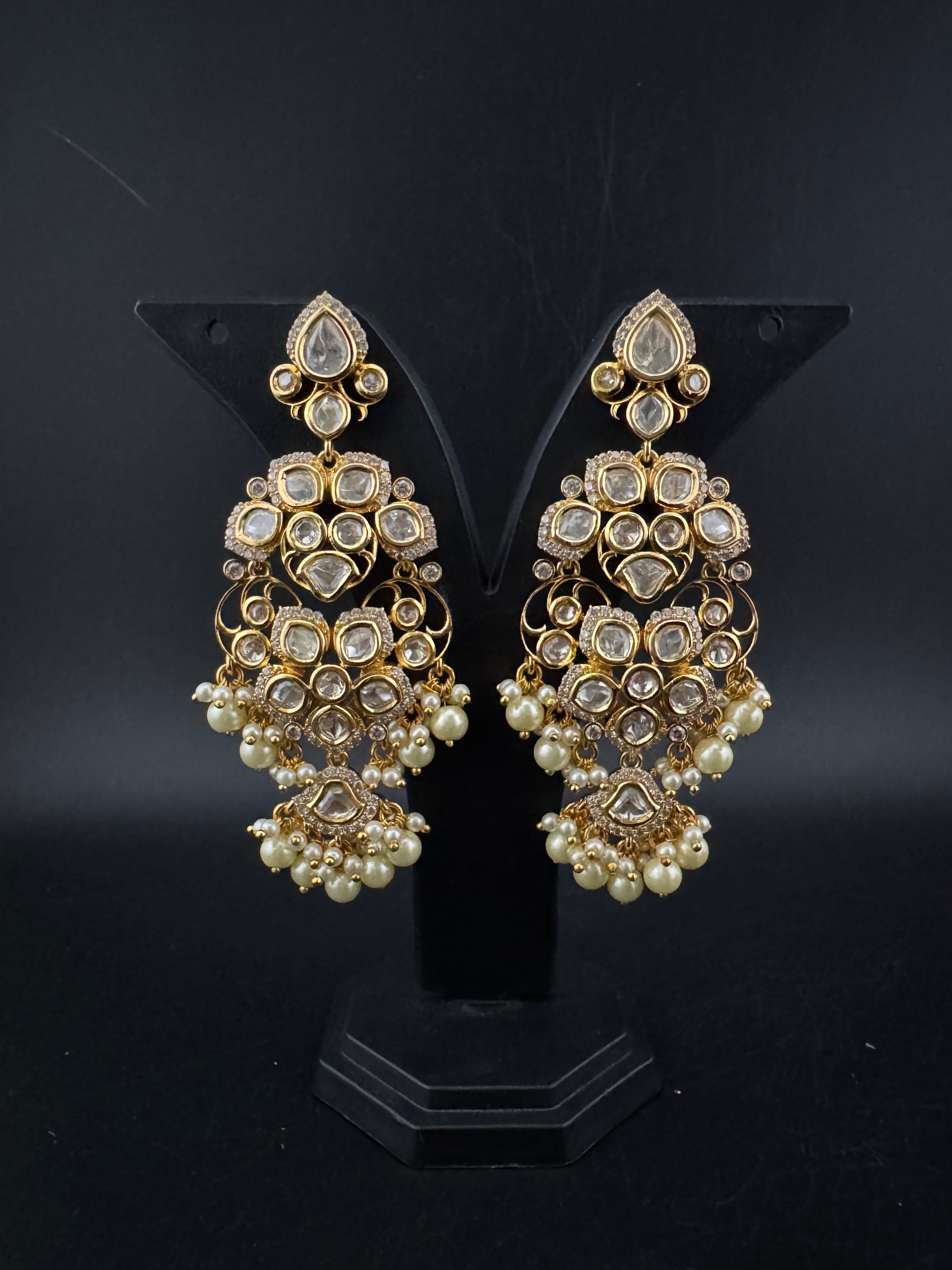 White and Gold Kundan, Pearls Chandelier Earrings, High shine Bridal, Moissanite, CZ, Designer jewelry