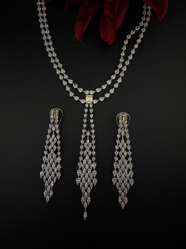 Crystals and CZ Diamond Statement double Layered Necklace Set, White Gold Plated Choker set