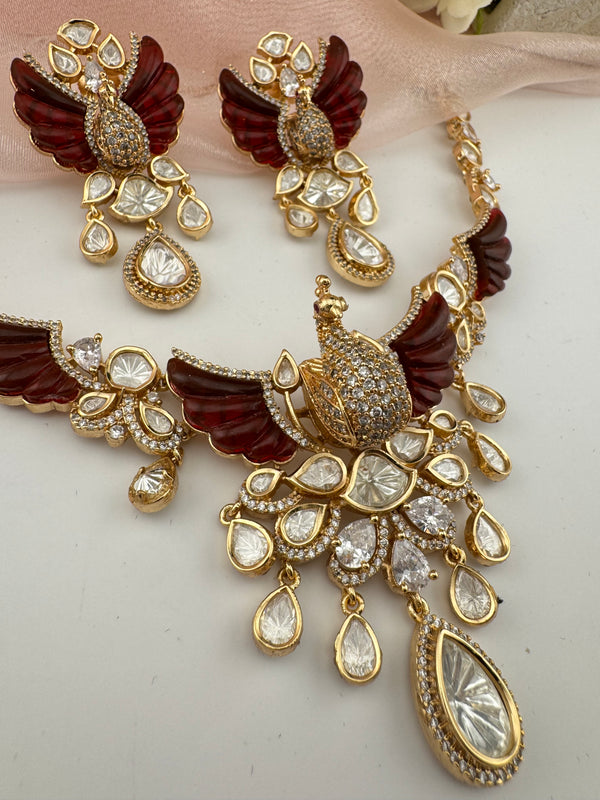 Kundan, Moissanite, Red MOP, CZ Flexible Peacock Gold necklace set, Indian Bridal Jewelry
