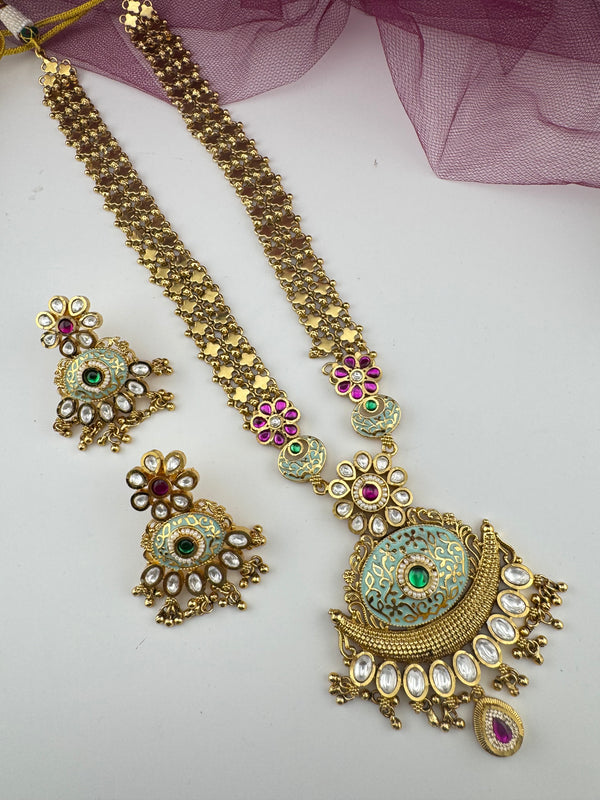 Rajwadi Kundan Enamel Stones Gold Necklace Set, Indian Bridal Rani Haar