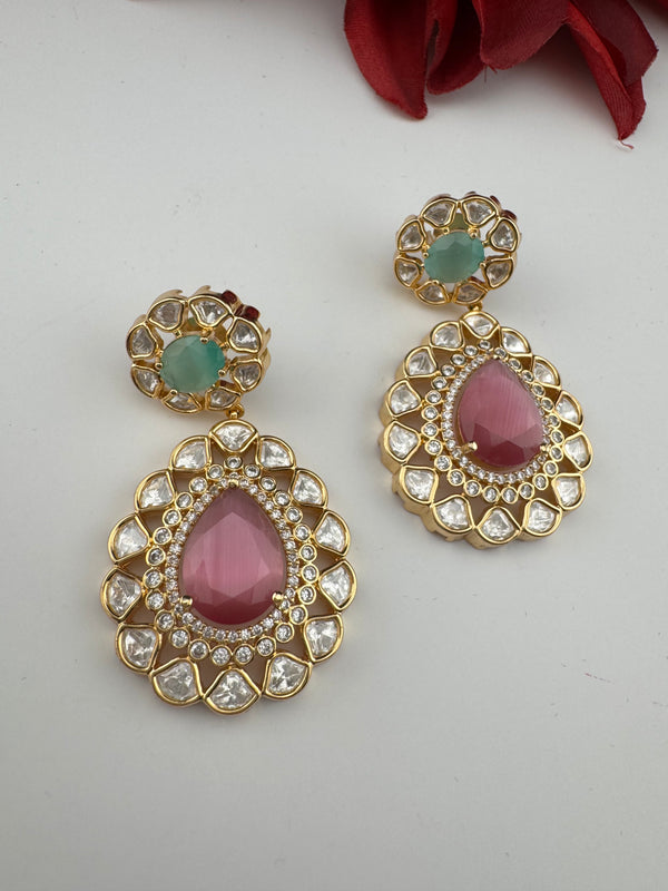 Pink and Green Kundan, CZ, Chandbali Earrings, High shine, Bridal, Moissanite, Tyaani inspired Designer jewelry