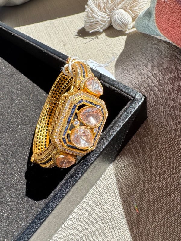 Moissanite Kundan, CZ Openable Bracelet Bangle, Gold Polish (Fits 2.6" wrists)