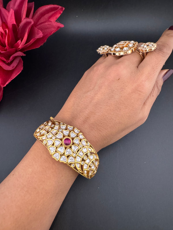 Moissanite Kundan, CZ Openable Bracelet Bangle, Gold Polish (Fits 2.6" wrists)