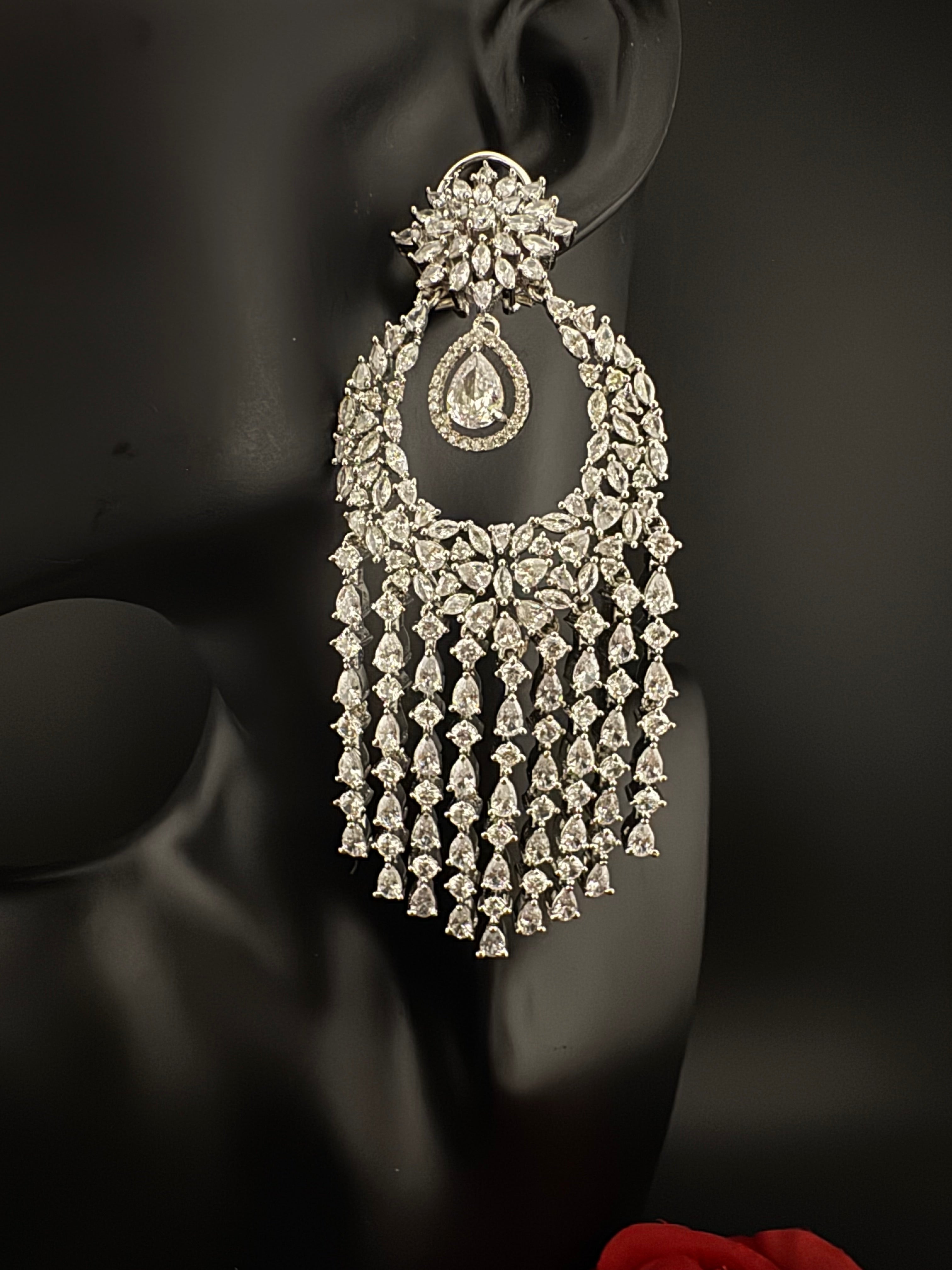 Premium Cubic Zirconia Chandelier Oversized earrings is designer Inspired, Statement Long earring, Bridal, Party, Wedding jewelry,