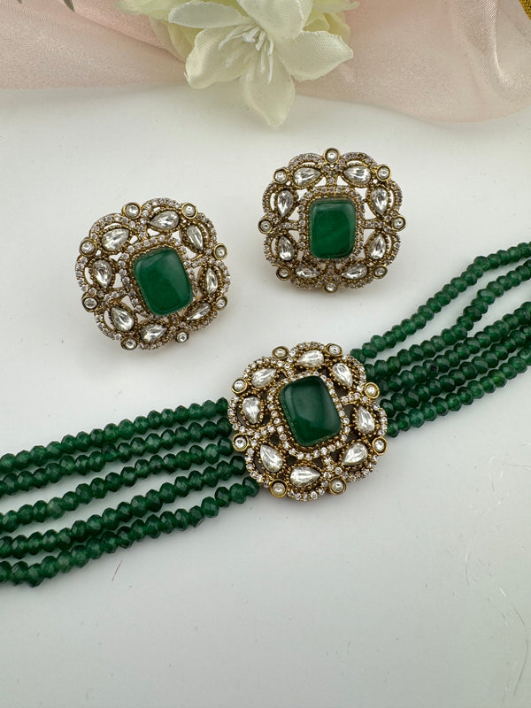Moissanite Kundan, Hydro beads, CZ, Stones Choker necklace set, Indian Bridal Jewelry, chic set