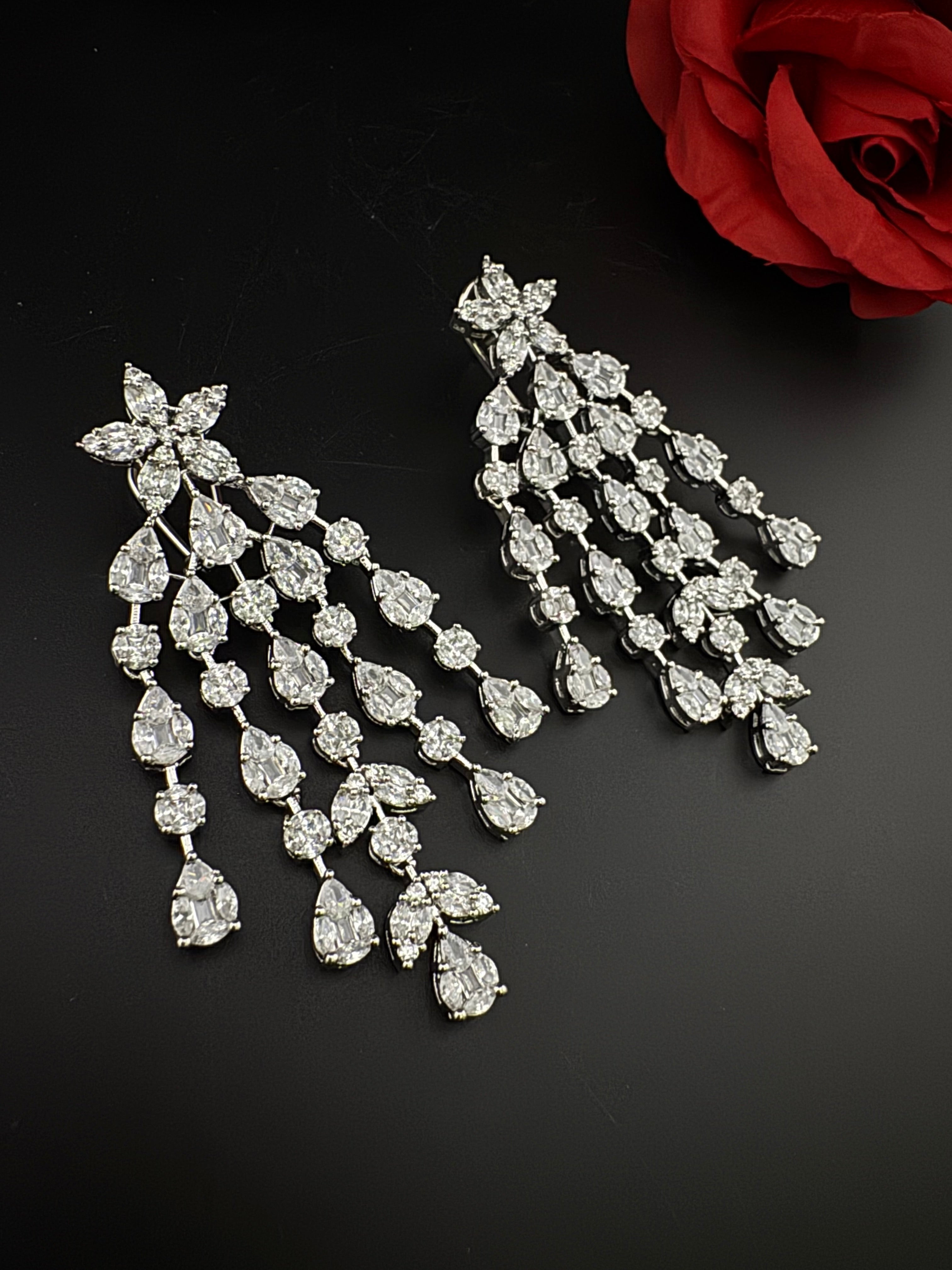 Premium Cubic Zirconia Chandelier earrings is designer Inspired, Statement Long earring, Bridal, Party, Wedding jewelry, Indian Chic Shiny