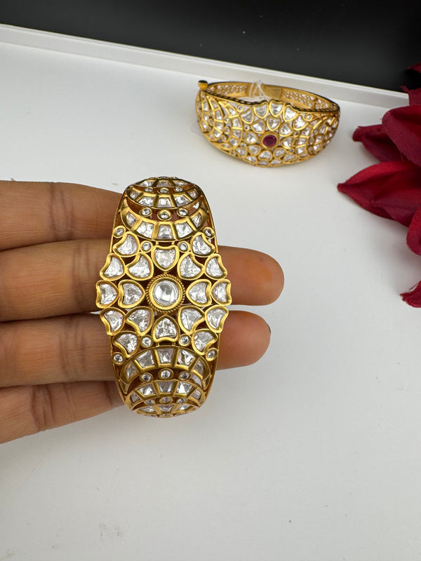 Moissanite Kundan, CZ Openable Bracelet Bangle, Gold Polish (Fits 2.6" wrists)
