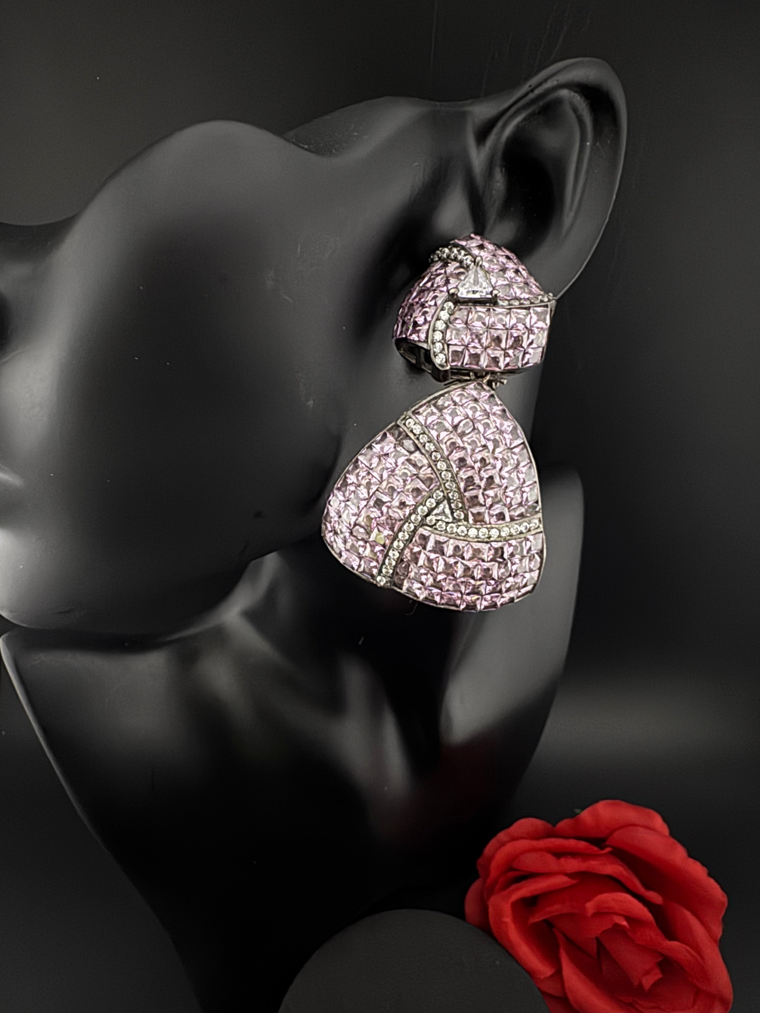 Premium Nano Setting Cubic Zirconia, Lavender Crystal stones in Unique setting is Victorian stylish designer Inspired Statement long earring