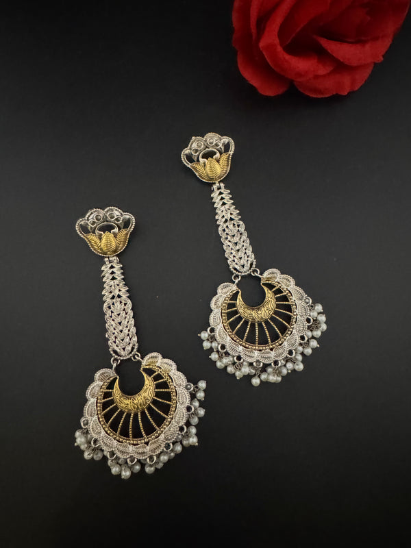 Oxidized Silver and Gold ChandBali Very long Earrings, designer jewelry