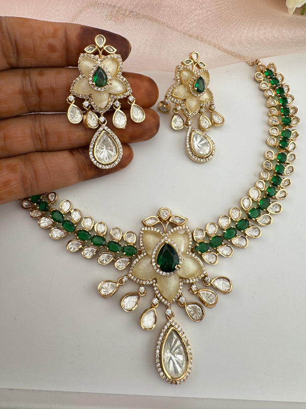 Kundan, Moissanite, MOP, CZ Flexible Gold necklace set, Indian Bridal Jewelry