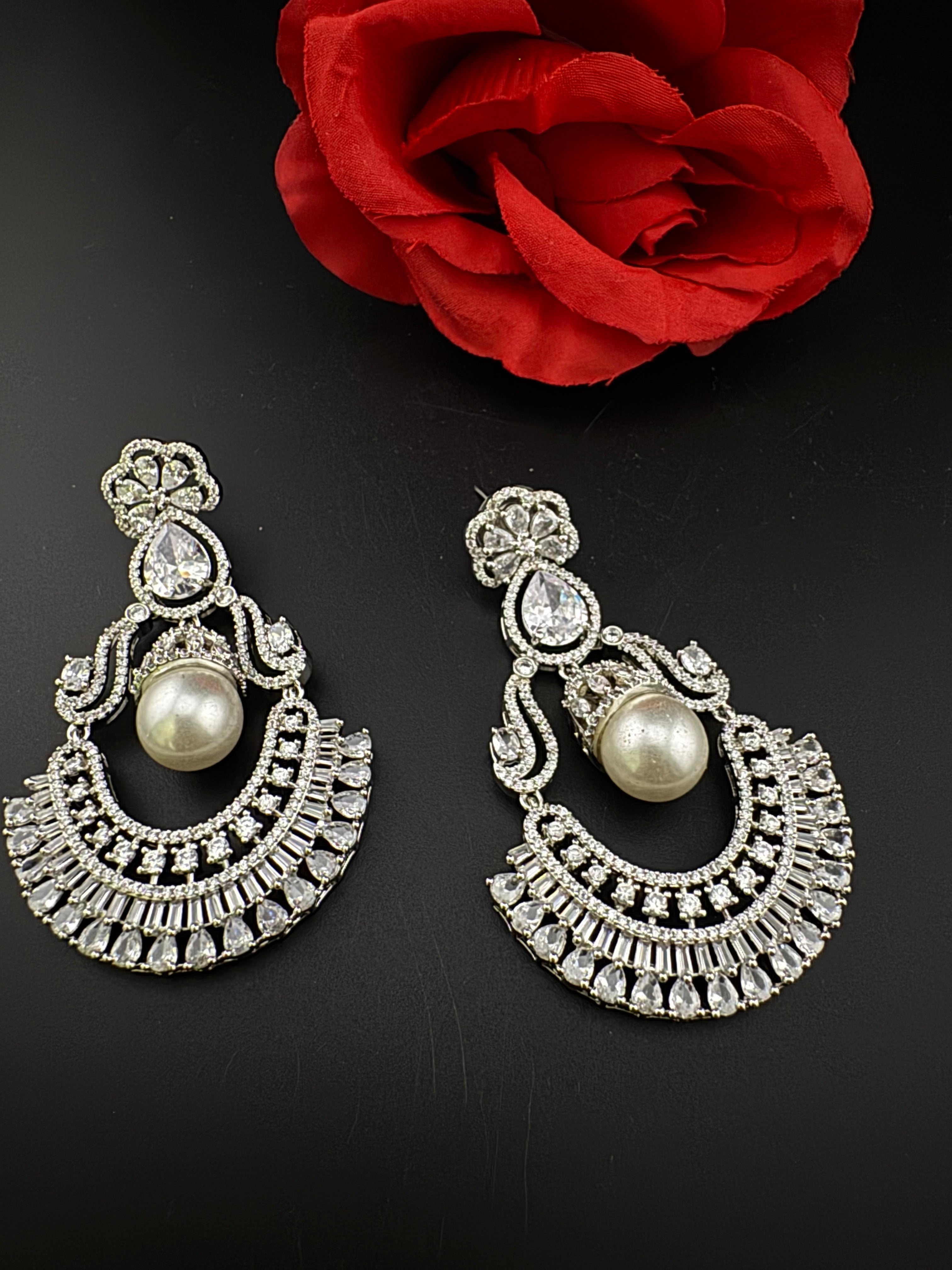 Premium Cubic Zirconia Pearl Chandelier Oversized earrings is designer Inspired, Statement Long earring, Bridal, Party, Wedding jewelry,