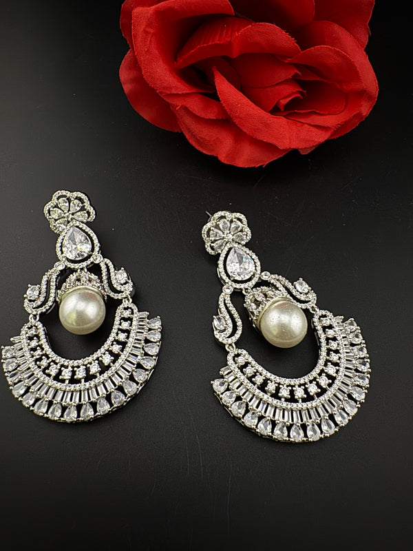 Premium Cubic Zirconia Pearl Chandelier Oversized earrings is designer Inspired, Statement Long earring, Bridal, Party, Wedding jewelry,