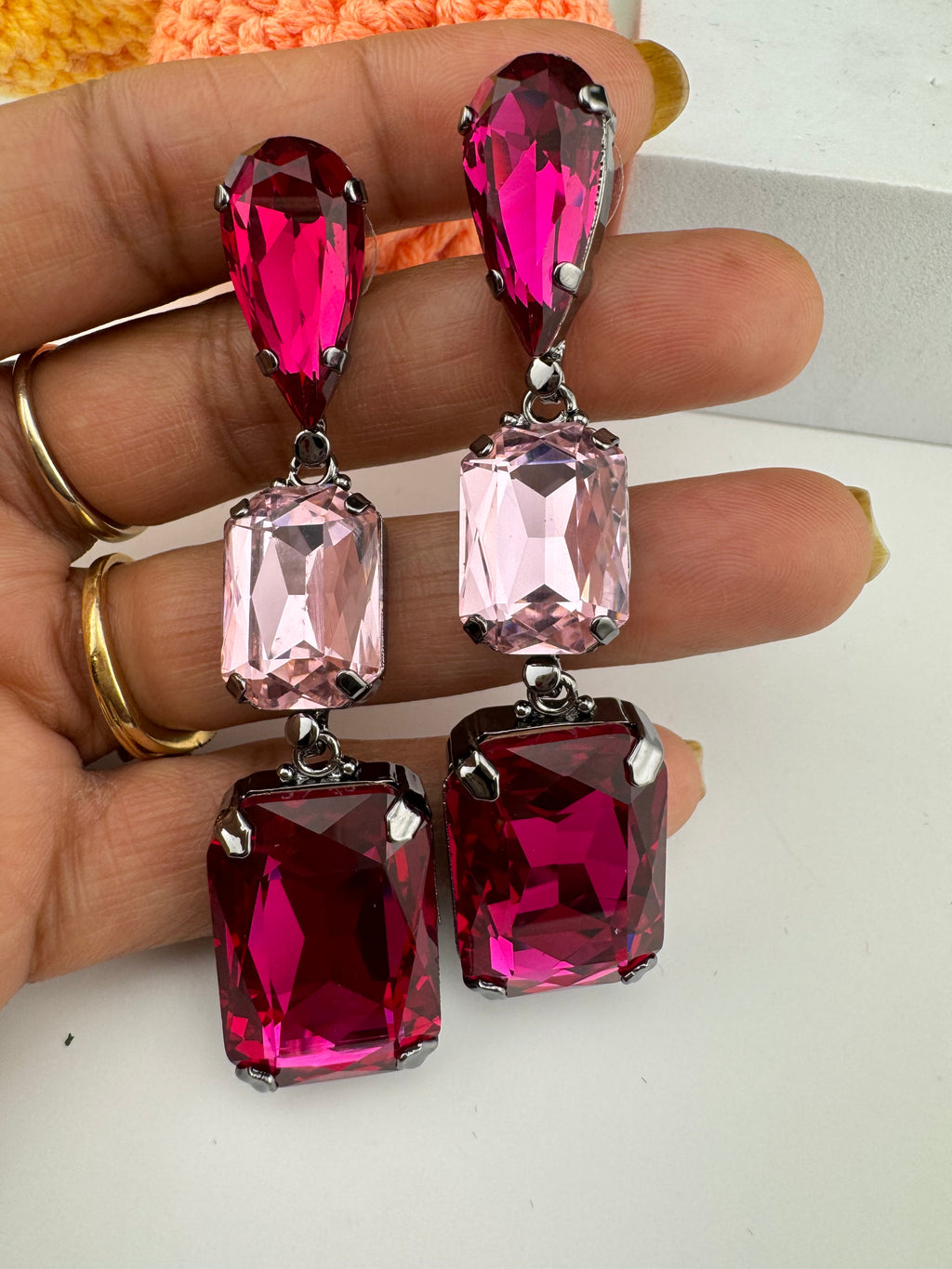 Premium Crystal Long Drop Swarovski inspired designer earrings/Indian earring/Bridal Jewelry/Grey Crystal/Pink Crystals