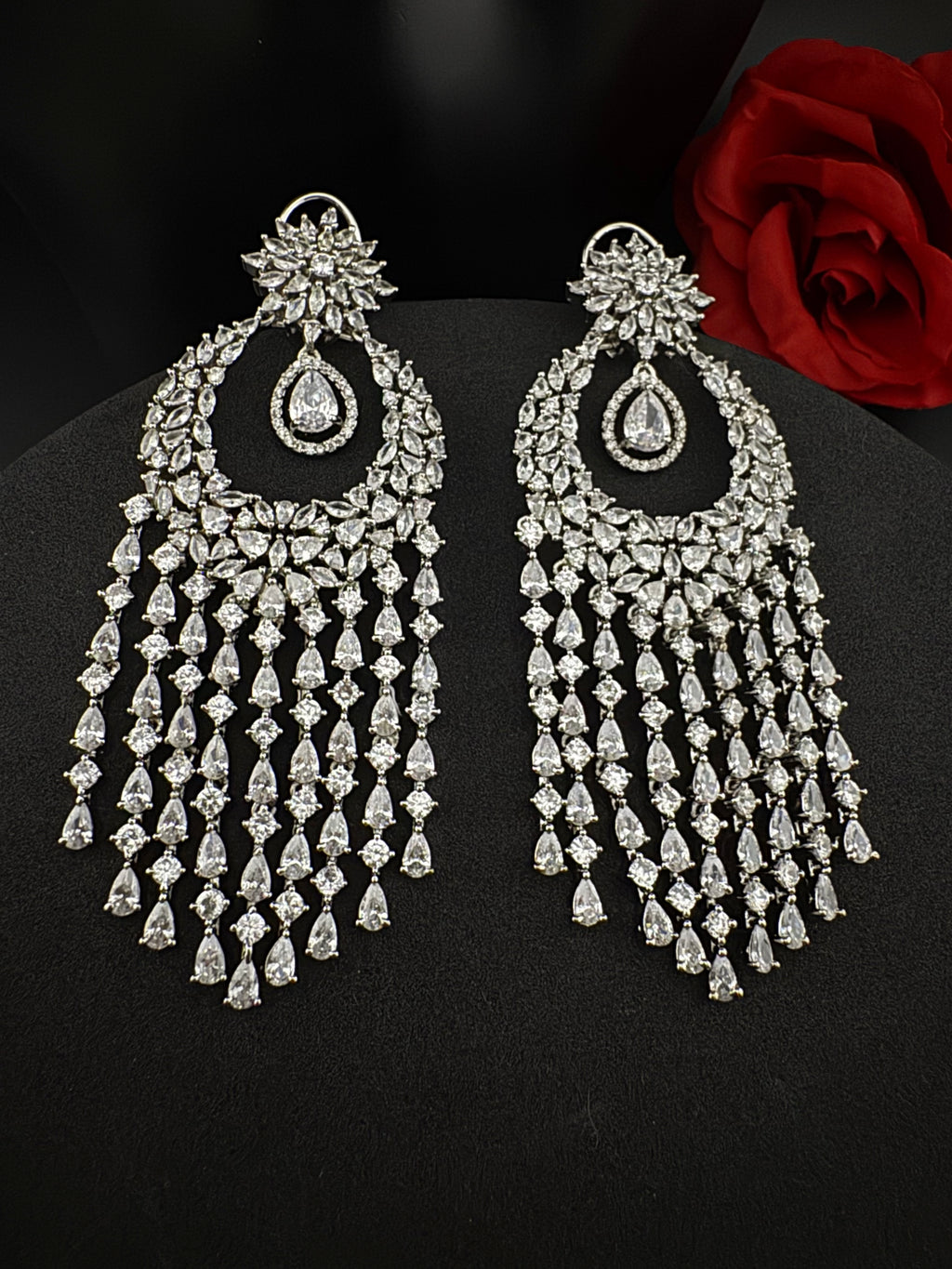 Premium Cubic Zirconia Chandelier Oversized earrings is designer Inspired, Statement Long earring, Bridal, Party, Wedding jewelry,