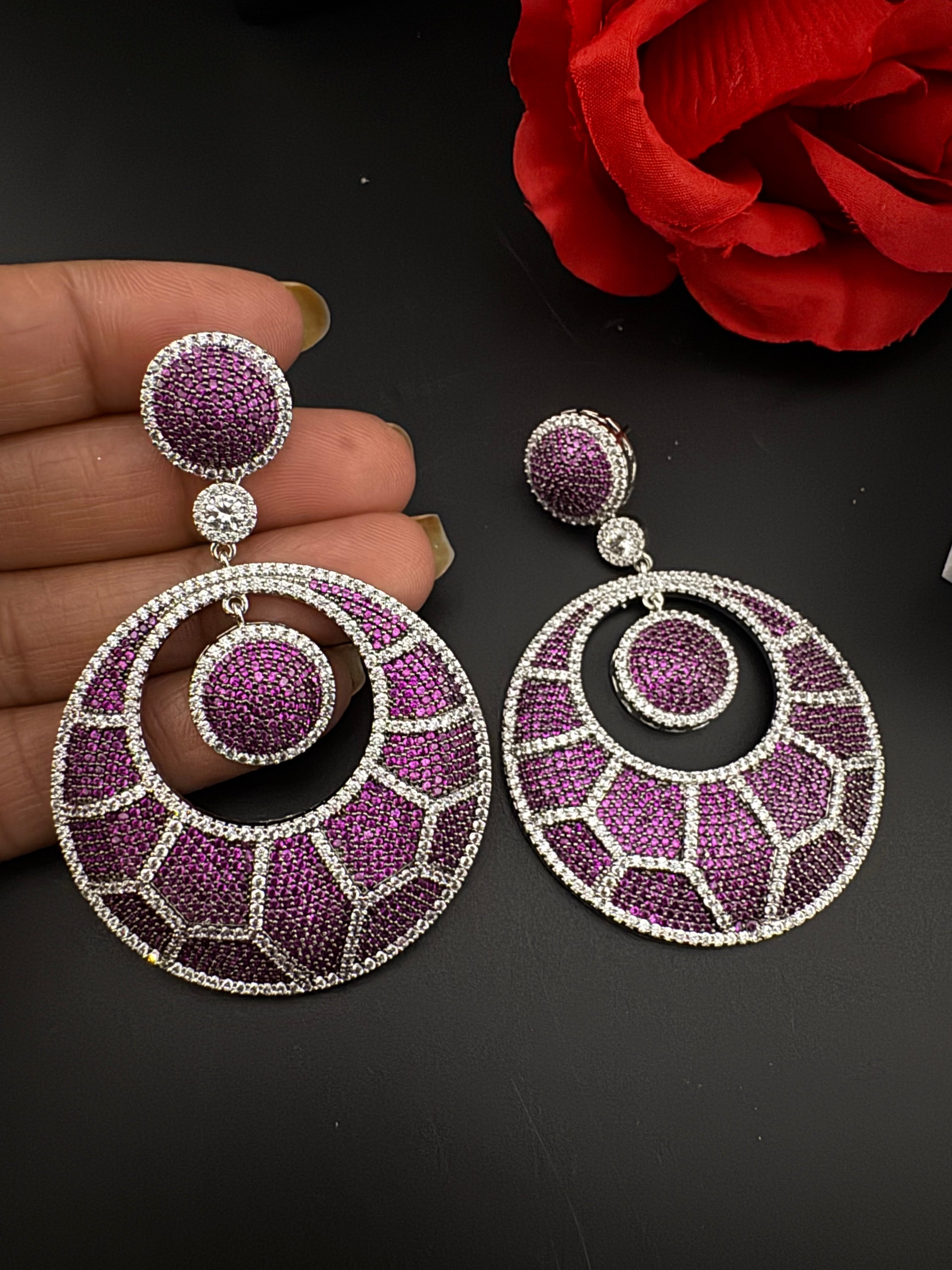 Premium Nano Setting of Cubic Zirconia in silver is designer Inspired Statement Oversized Circular Dangle earring/Bridal/bridesmaid gift