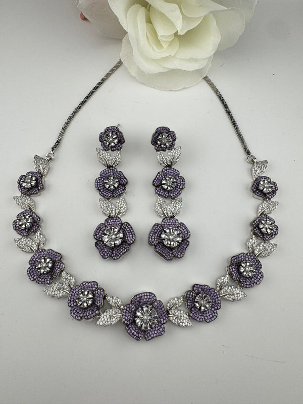 Nano Setting CZ Diamond Statement Necklace Set, White Gold Plated Choker set, nature inspired