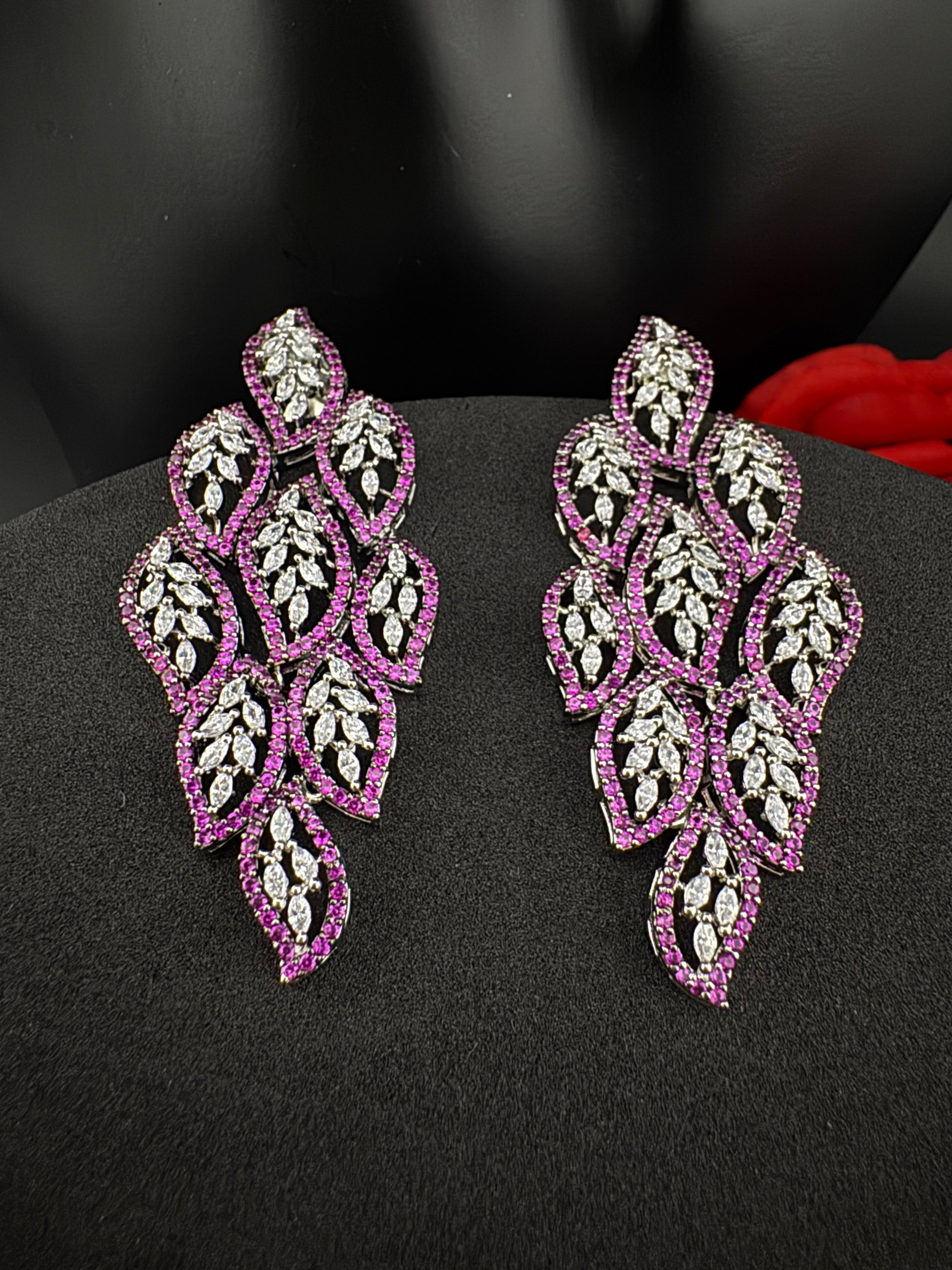 Premium Nano Setting Cubic Zirconia Long Chandelier earrings in leaf shape, stylish, designer Statement long earring/Bridal Bridesmaid