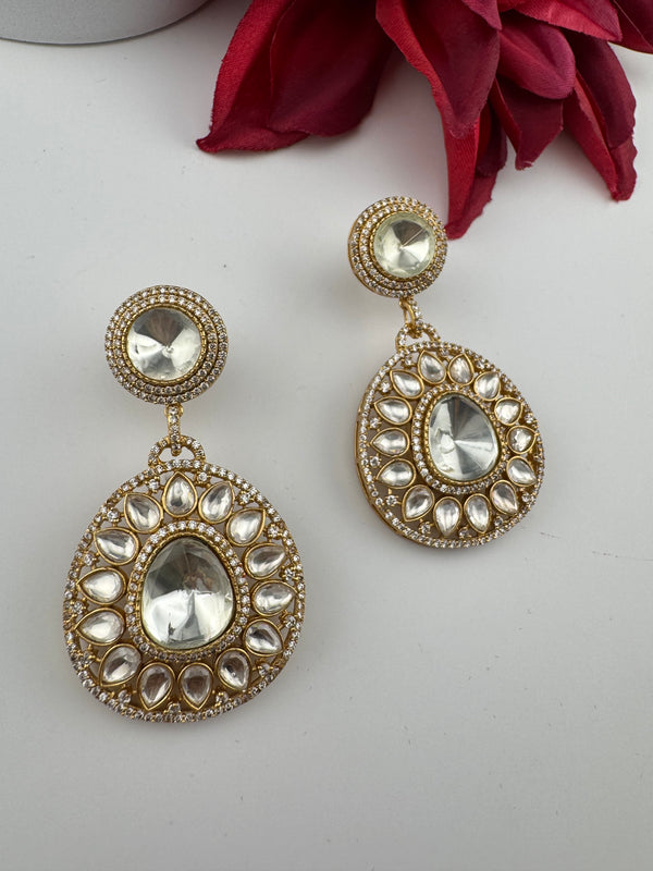 Golden Kundan, CZ, Chandbali Earrings, High shine, Bridal, Moissanite, Designer jewelry