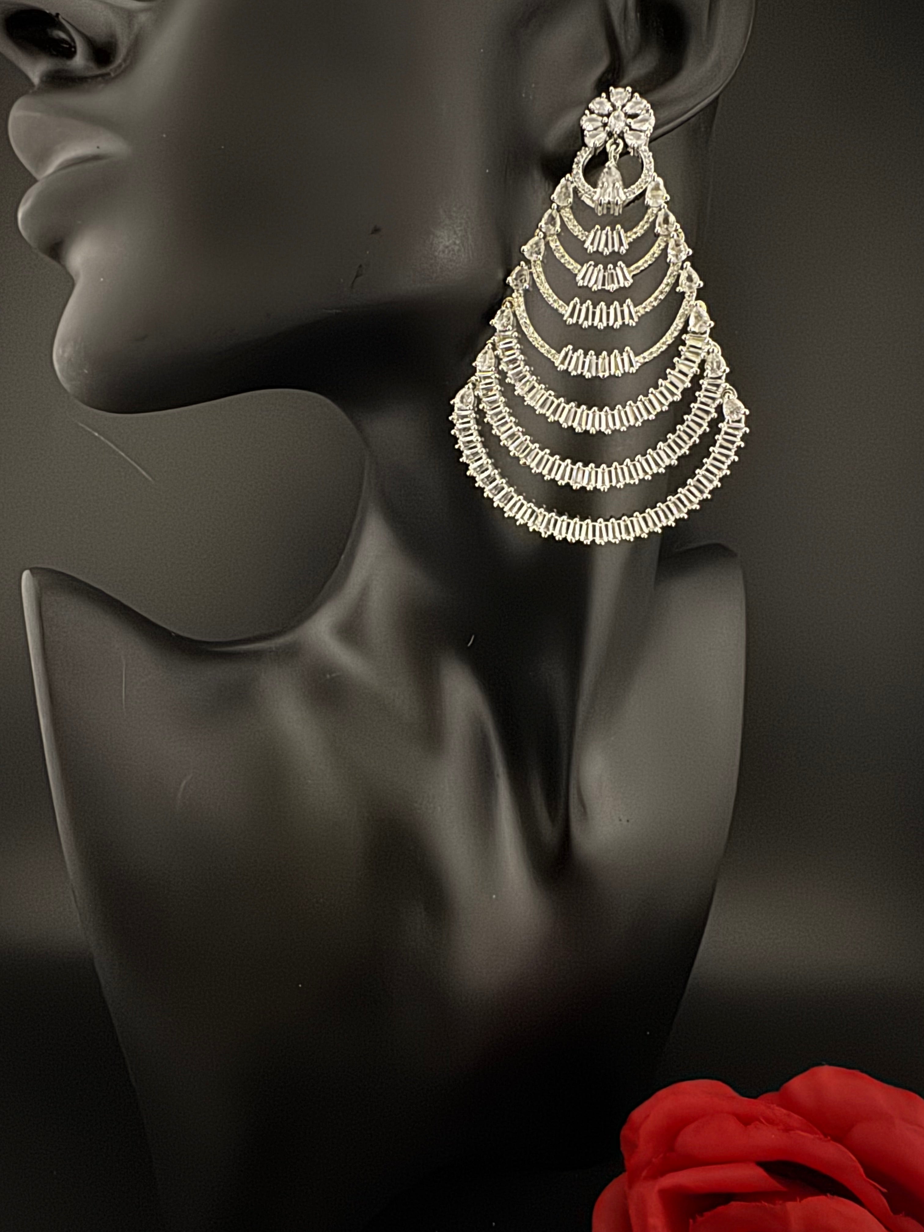 Premium Cubic Zirconia silver Chandelier Oversized earrings is designer Inspired, Statement Long earring, Bridal, Party, Wedding jewelry,