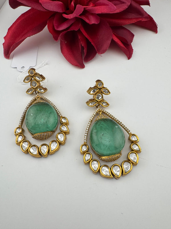 Kundan, CZ, Gold, Doublet Stone Chandelier Long Drop Earrings, Moissanite, CZ, Designer jewelry