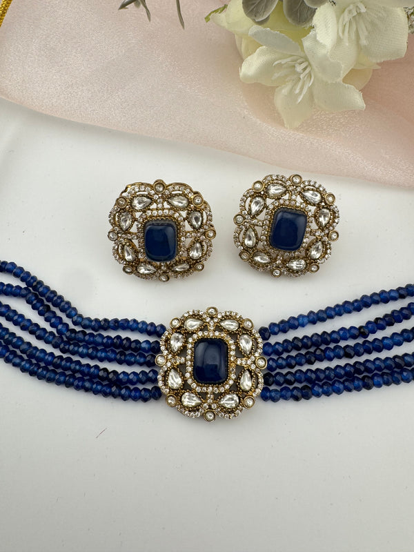 Moissanite Kundan, Hydro beads, CZ, Stones Choker necklace set, Indian Bridal Jewelry, chic set