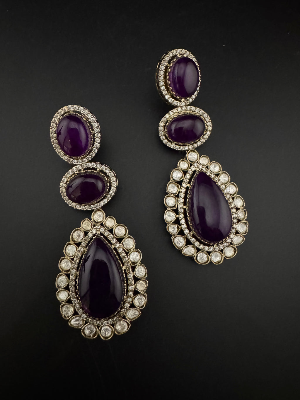 Purple and Gold Kundan, Doublet Stone Chandelier Long Earrings, Bridal, Moissanite, CZ, Designer jewelry