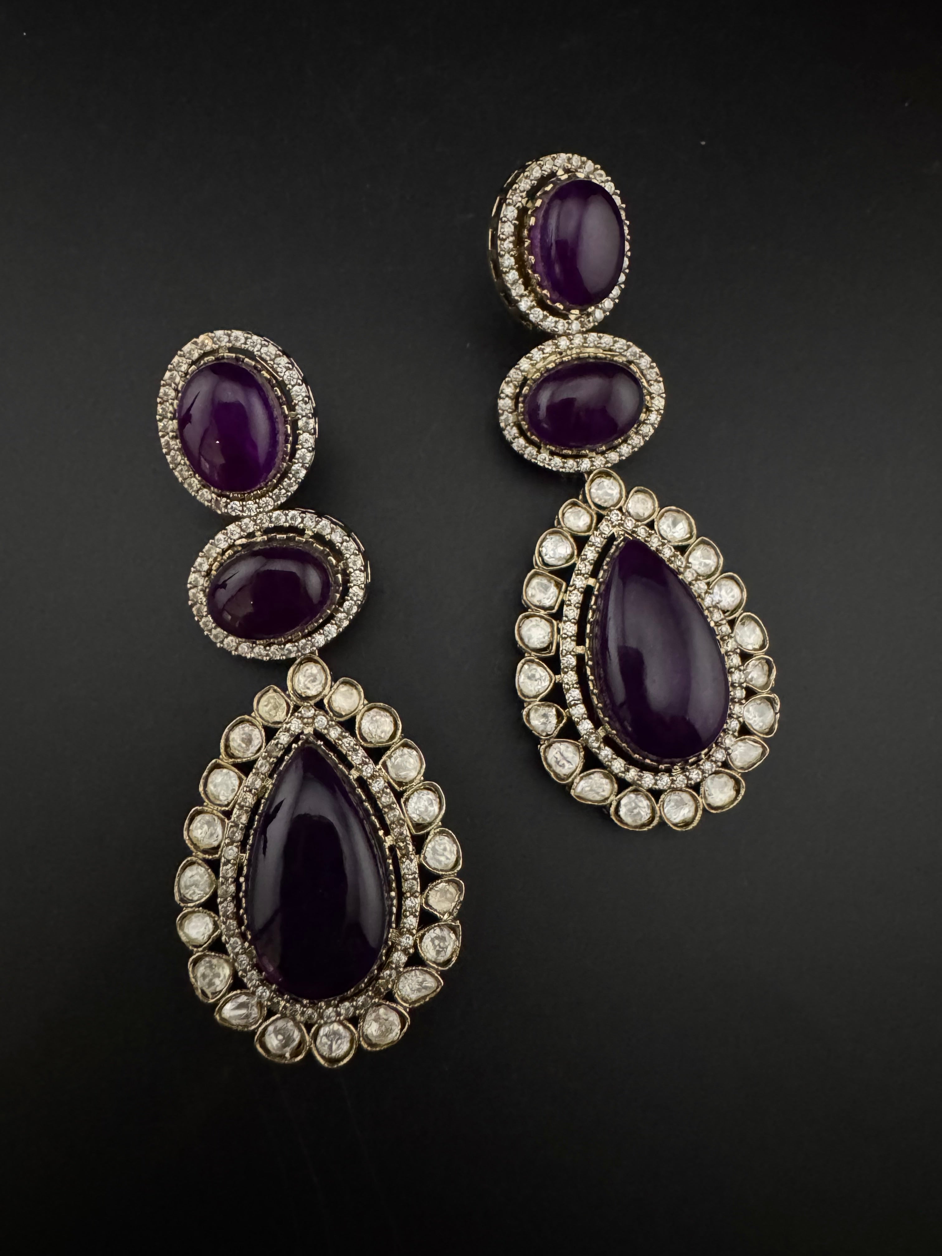 Purple and Gold Kundan, Doublet Stone Chandelier Long Earrings, Bridal, Moissanite, CZ, Designer jewelry