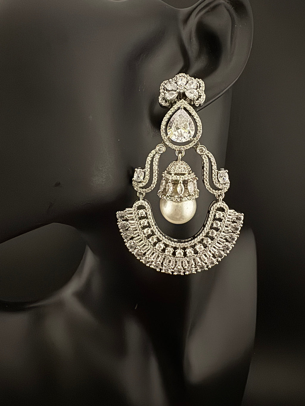 Premium Cubic Zirconia Pearl Chandelier Oversized earrings is designer Inspired, Statement Long earring, Bridal, Party, Wedding jewelry,