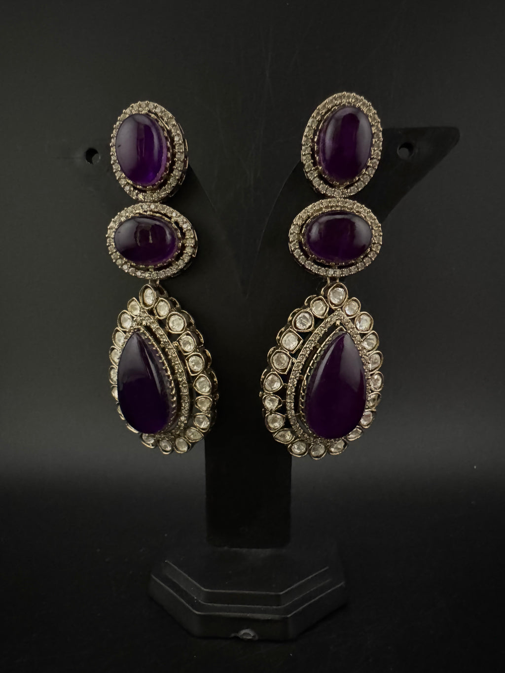 Purple and Gold Kundan, Doublet Stone Chandelier Long Earrings, Bridal, Moissanite, CZ, Designer jewelry