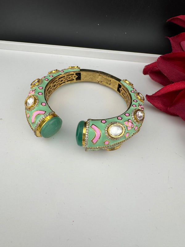 Moissanite Kundan, Enamel, CZ Adjustable Bracelet Bangle Kada, Gold Polish Designer Bangle