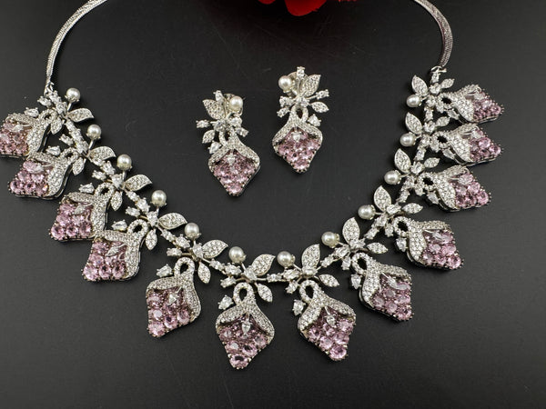 CZ Diamond Statement sleek Necklace Set, White Gold Plated Choker, 3D nature inspired