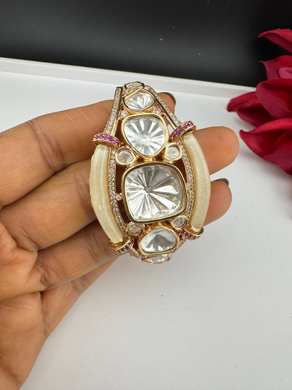Moissanite Kundan, MOP, CZ Adjustable Bracelet Bangle, Gold Polish Designer Bangle