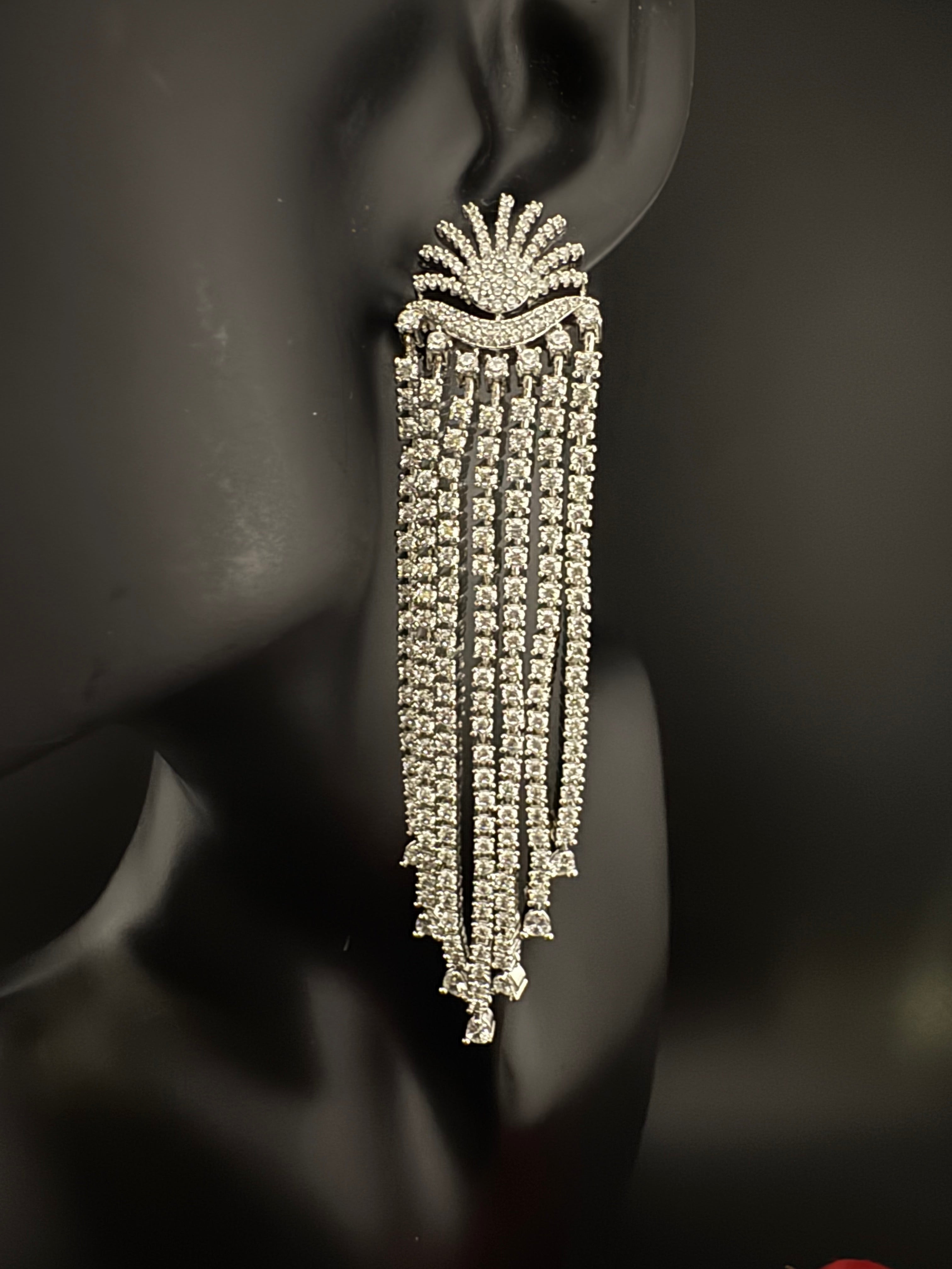 Premium Cubic Zirconia Chandelier extra long earrings, sun style long CZ tassel, Statement Long earring, Bridal, Party, Wedding jewelry