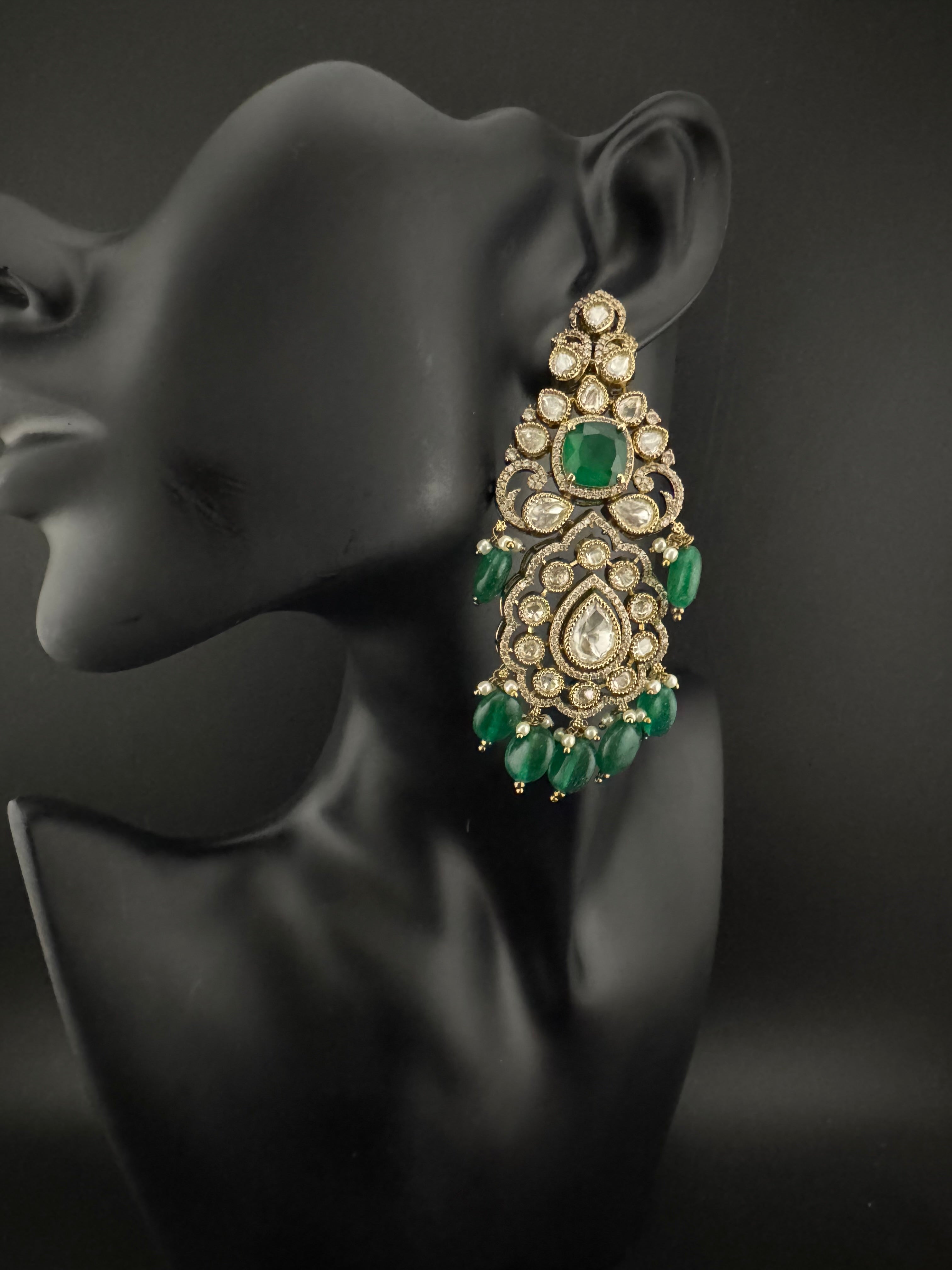 Green and Gold Kundan, Pearls Chandelier Long Earrings, Bridal, Moissanite, CZ, Designer jewelry