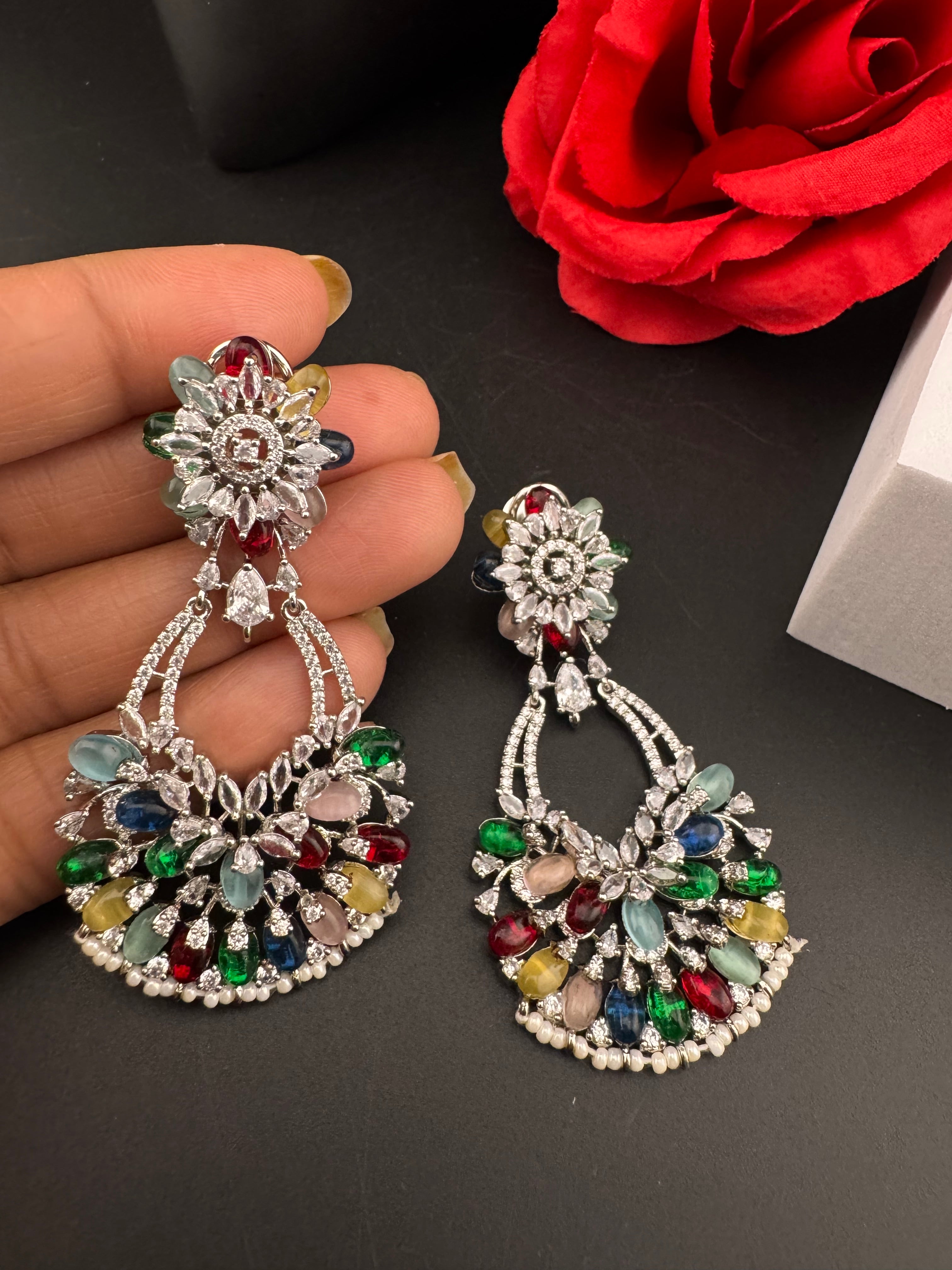 Premium Cubic Zirconia Pearl Chandelier Drop earrings is designer Inspired, Statement Drop Dangle earring, Bridal, Party, Wedding jewelry,