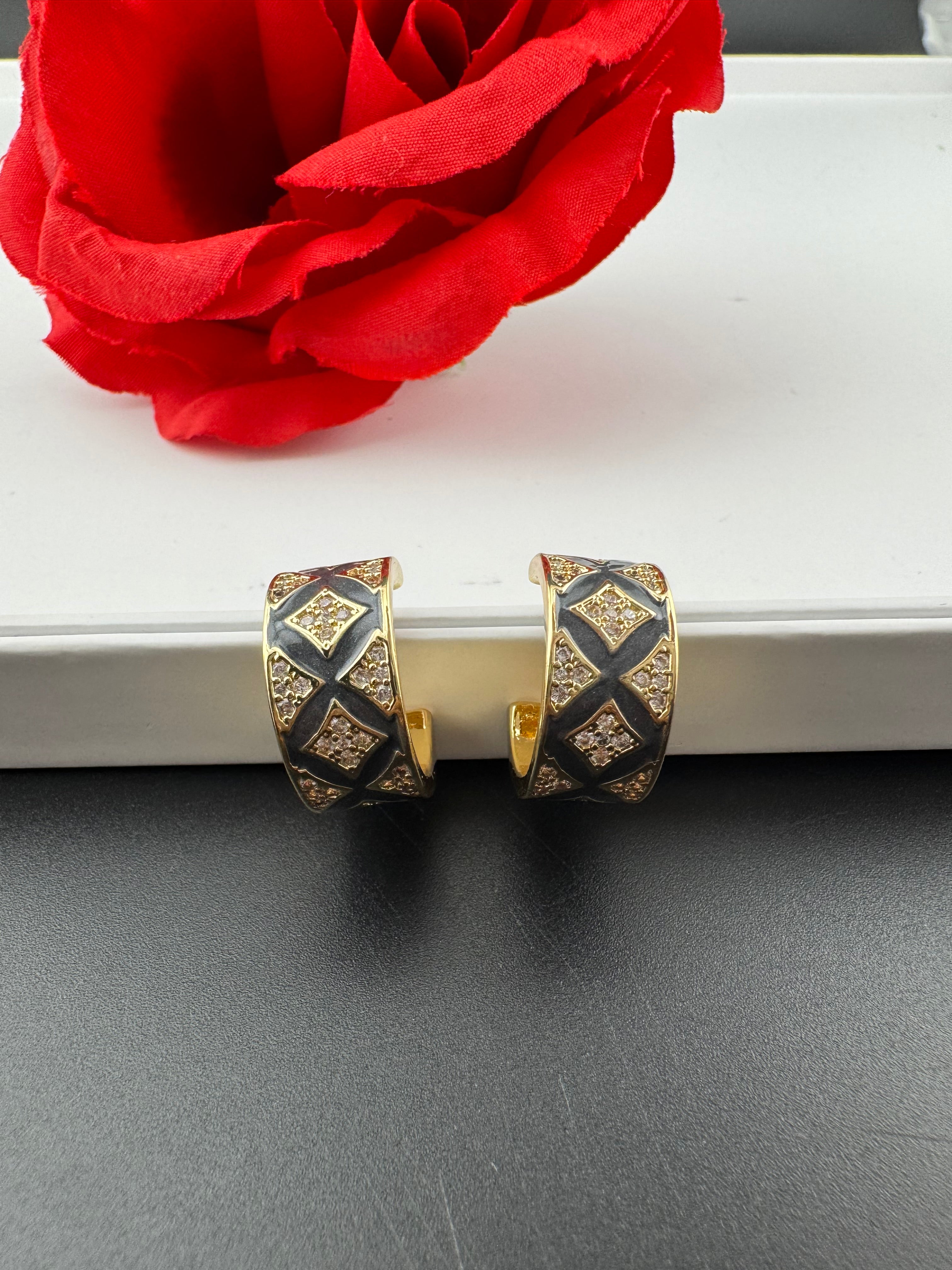 Cubic Zirconia and Enamel hoops, Indian jewelry, everyday lightweight earrings/Bridesmaid Gift/designer hoops/Small Statement hoops