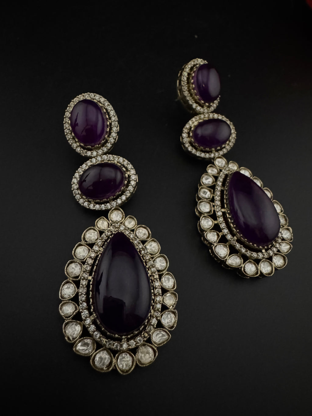 Purple and Gold Kundan, Doublet Stone Chandelier Long Earrings, Bridal, Moissanite, CZ, Designer jewelry