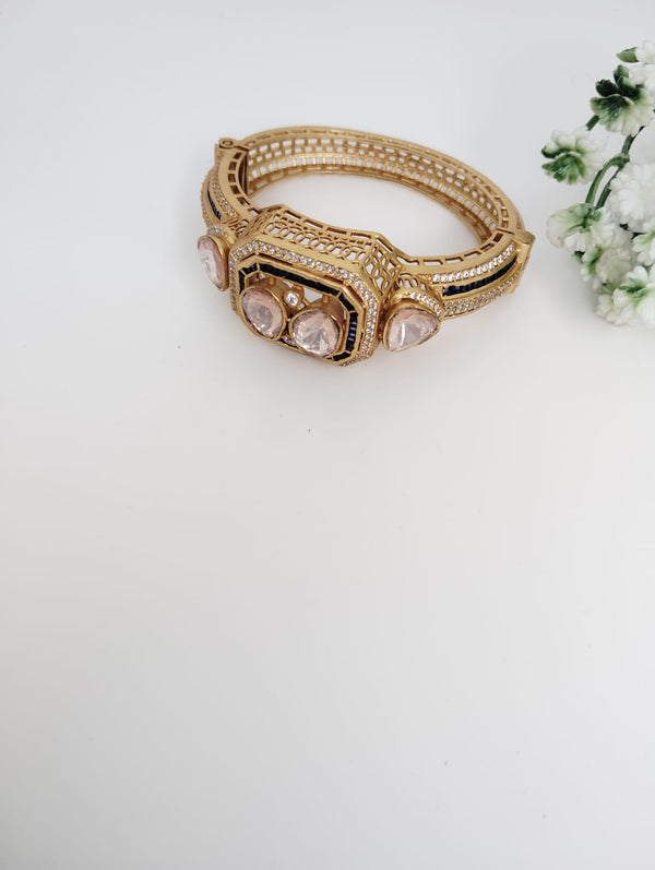 Moissanite Kundan, CZ Openable Bracelet Bangle, Gold Polish (Fits 2.6" wrists)