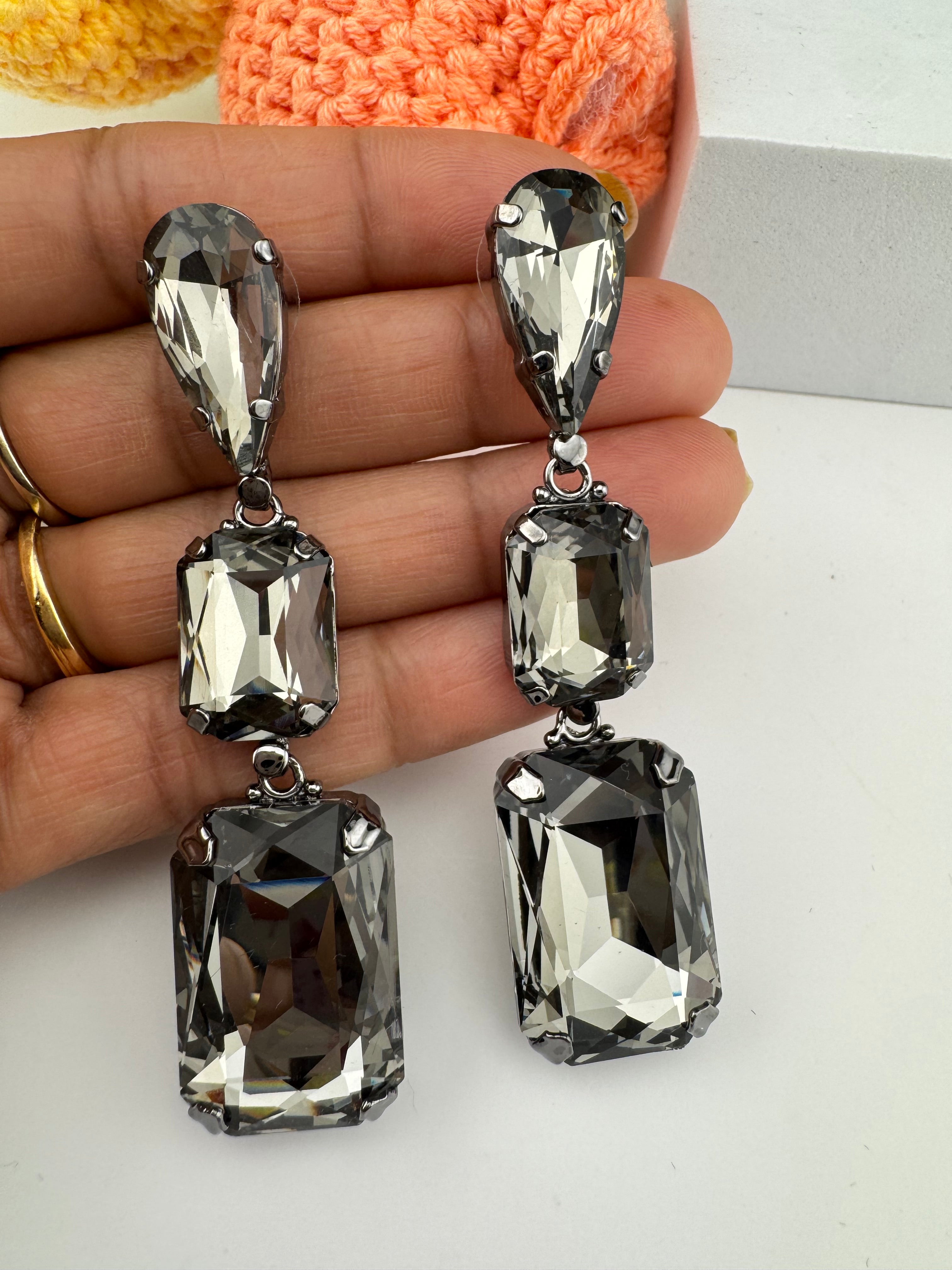 Premium Crystal Long Drop Swarovski inspired designer earrings/Indian earring/Bridal Jewelry/Grey Crystal/Pink Crystals