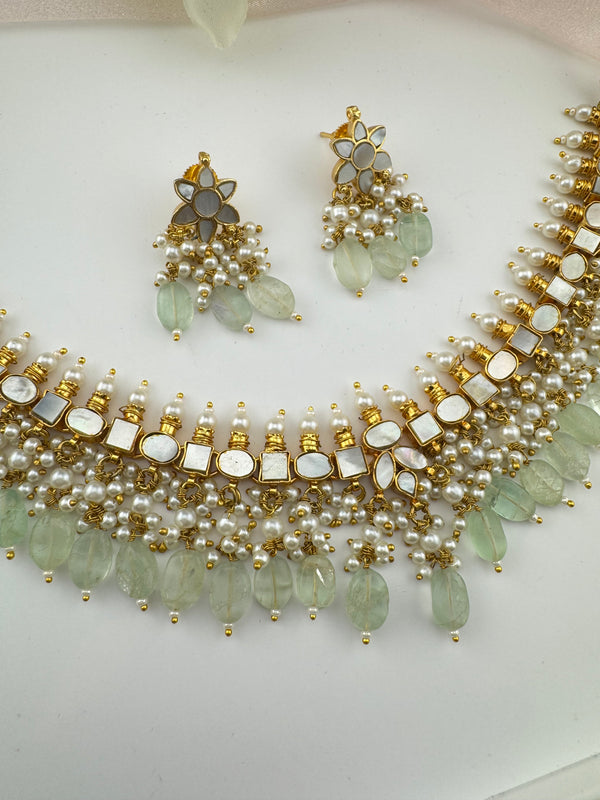 Doublet stone, Mother Of Pearls, pearls Flexible Gold necklace set, Indian Bridal Jewelry