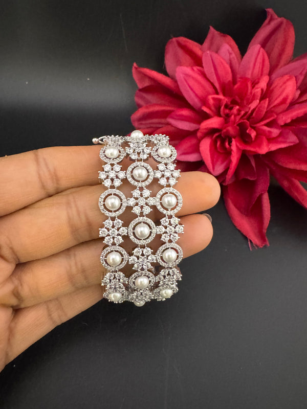 Openable Designer bracelet with Pearls, crystal stones, CZ Nano setting, Fits size upto 2.6"