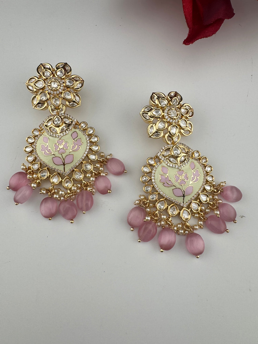 Enamel and Gold Kundan Chandelier Long Earrings, High shine Bridal Moissanite CZ, Designer Earrings