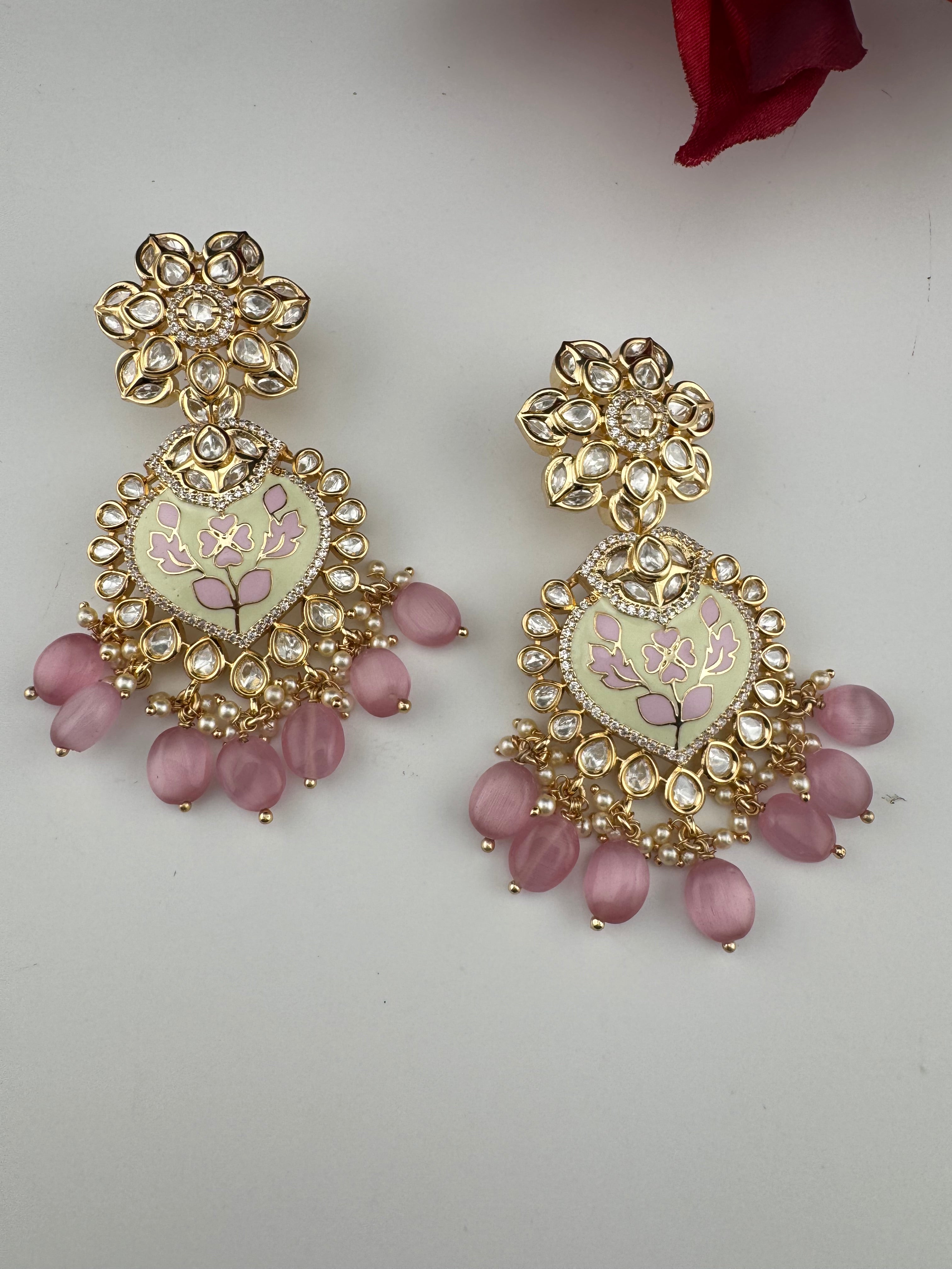 Enamel and Gold Kundan Chandelier Long Earrings, High shine Bridal Moissanite CZ, Designer Earrings