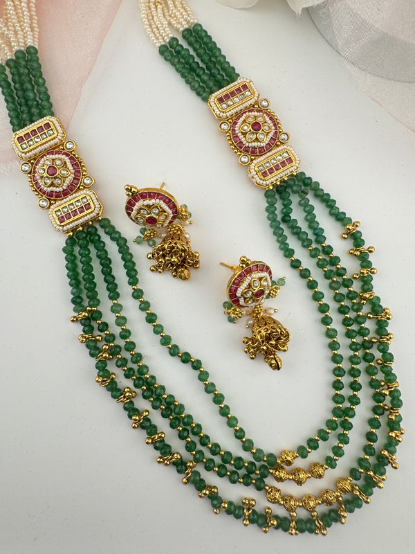 Rajwadi Kundan, Green hydro beads, Pachi, Pearl Long Gold Necklace Set, Indian Bridal Rani Haar