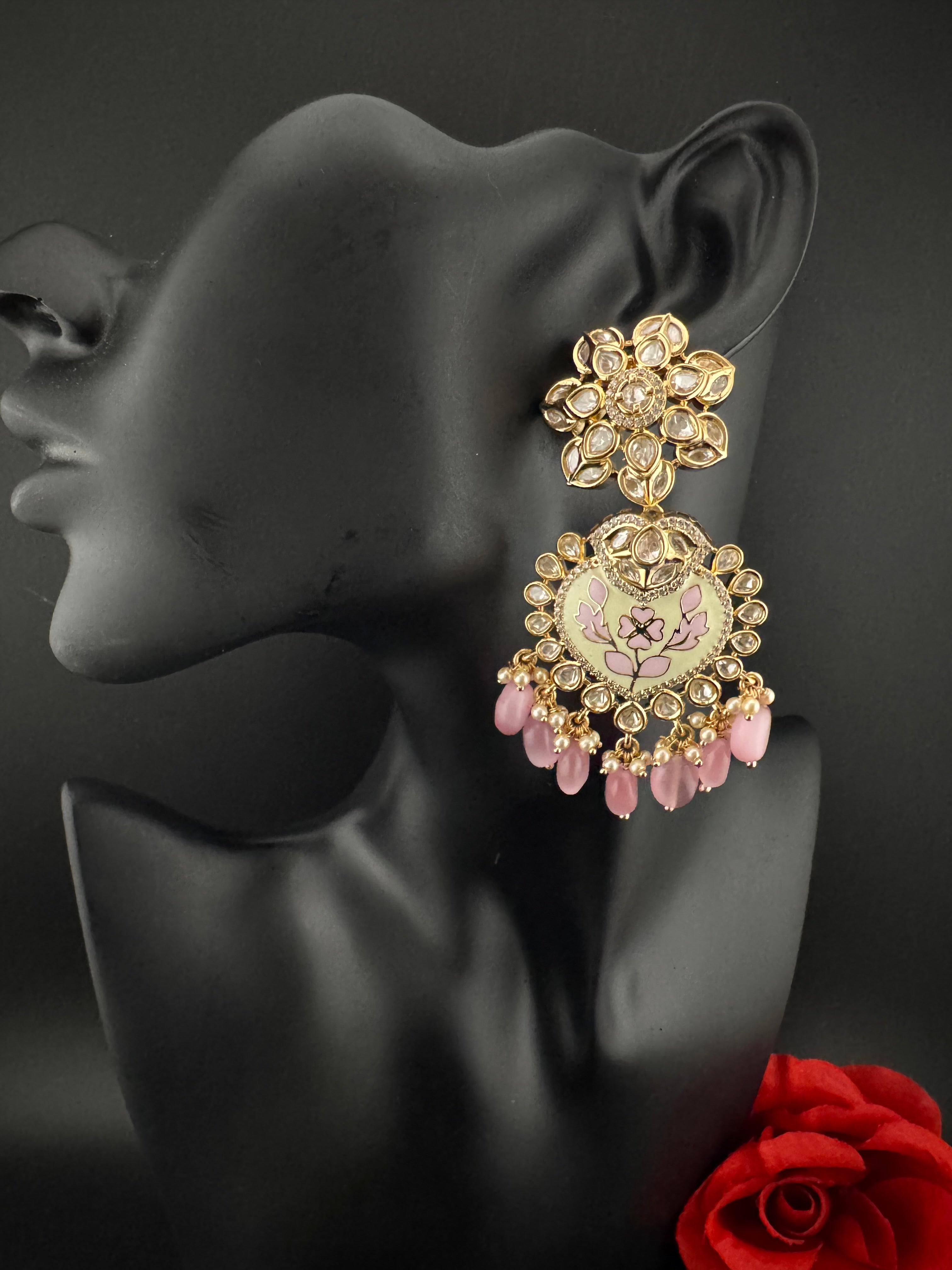 Enamel and Gold Kundan Chandelier Long Earrings, High shine Bridal Moissanite CZ, Designer Earrings